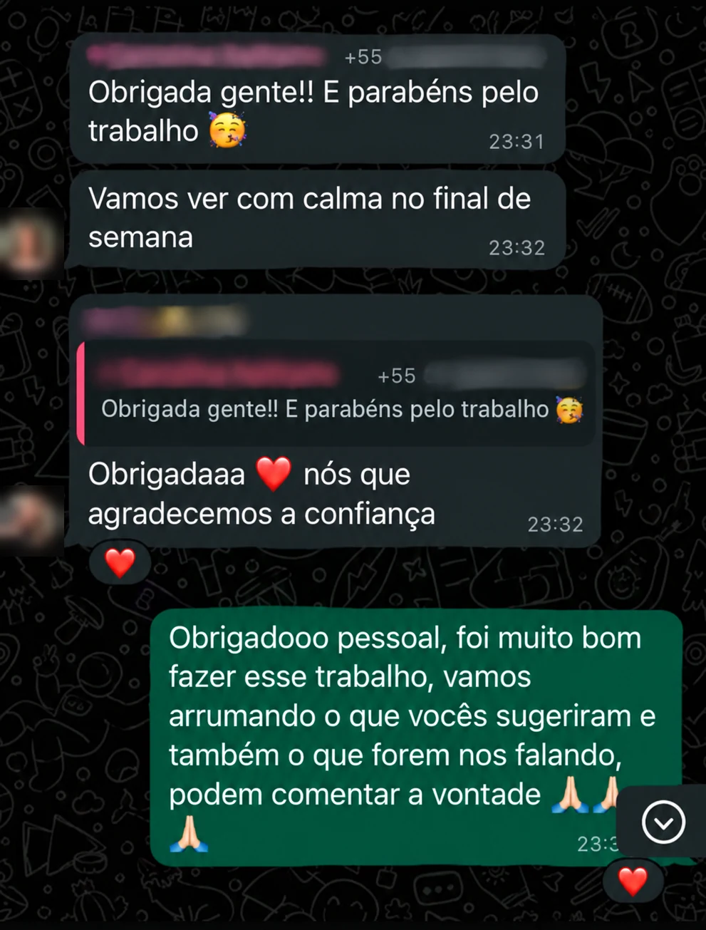 Conversa de WhatsApp em grupo: a cliente agradece e parabeniza pelo trabalho